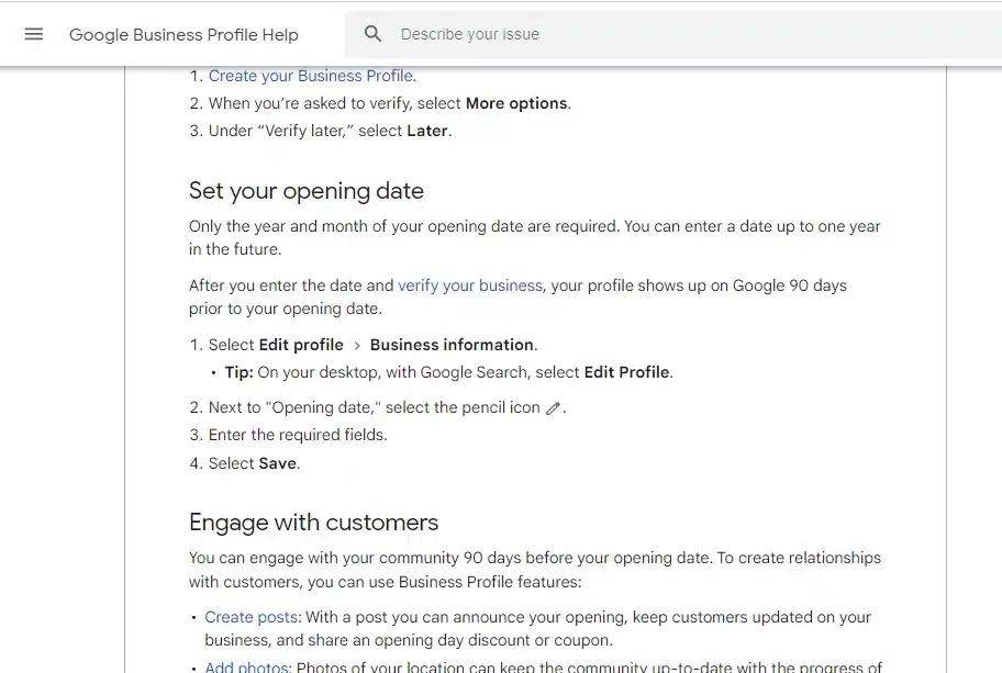 set opening date google business profile