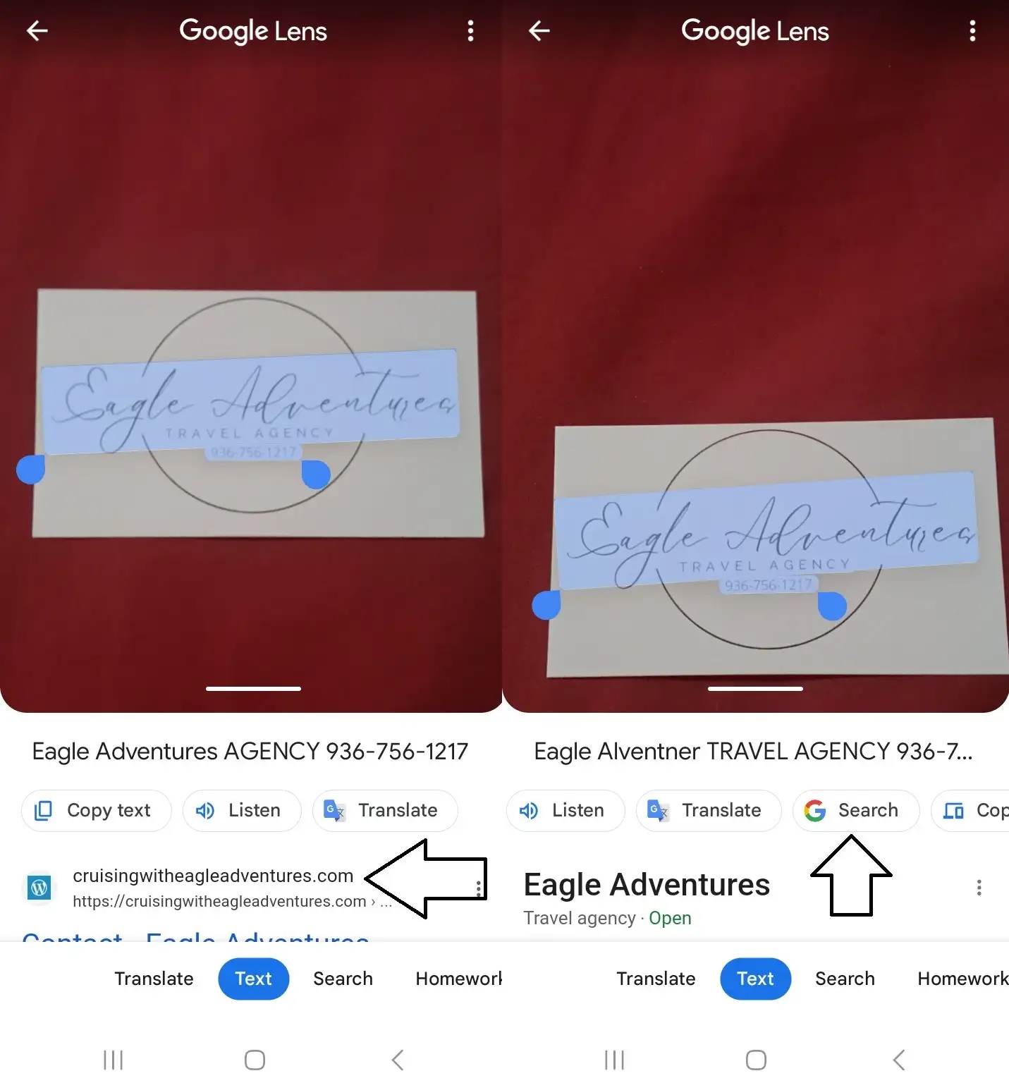 Google Lens search for a business card