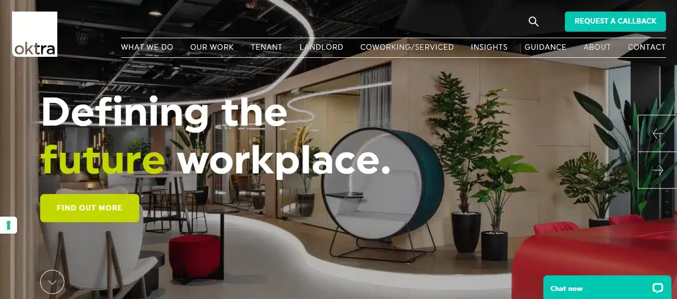 Bespoke web design example of the Oktra website home page.