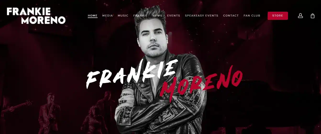 Frankie Moreno website home page screenshot, showing an example of bespoke web design.