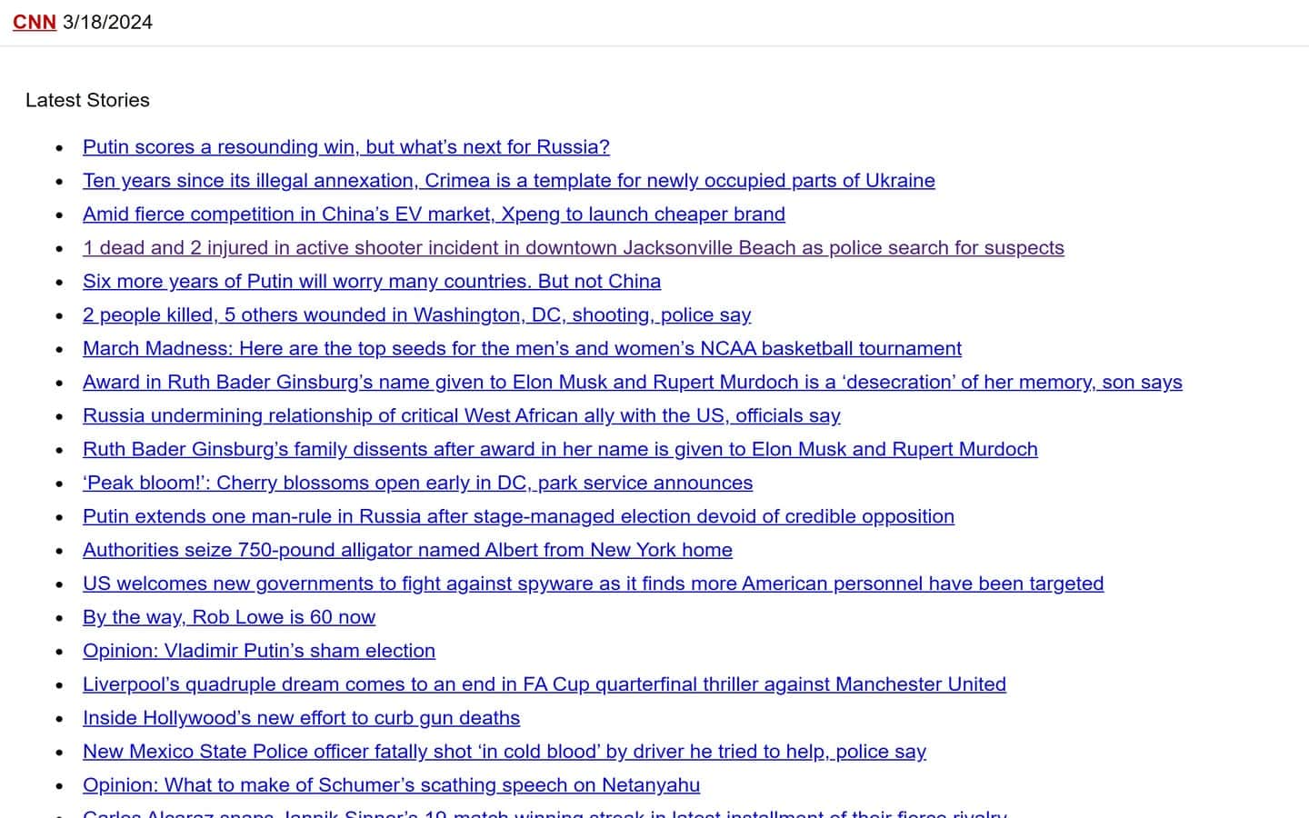 Screenshot of CNN Lite home page illustrating an example of a very simple web design.
