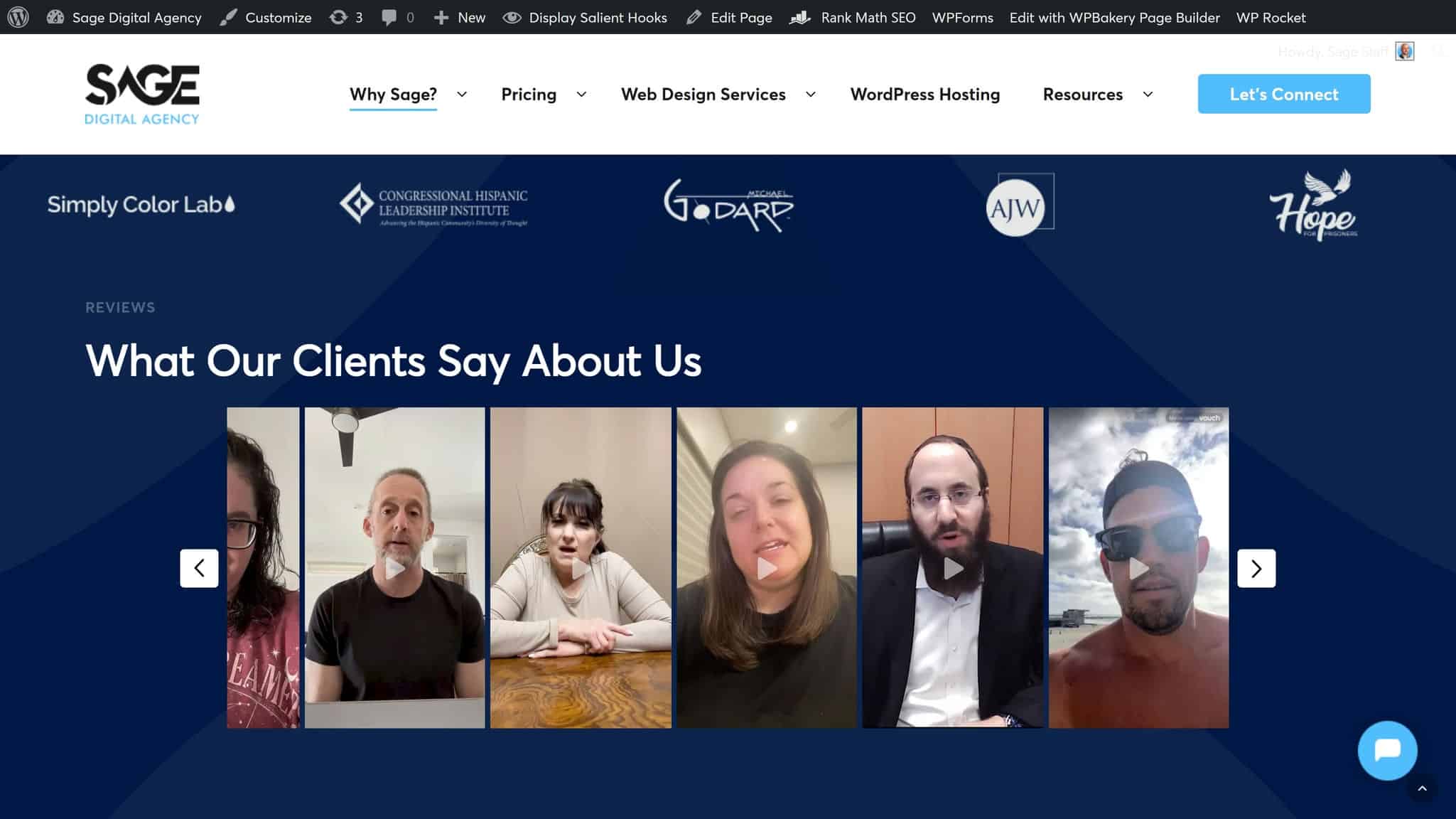 Screenshot from Sage Digital Agency's home page showing an example of video testimonials and how they can look on a small business website.