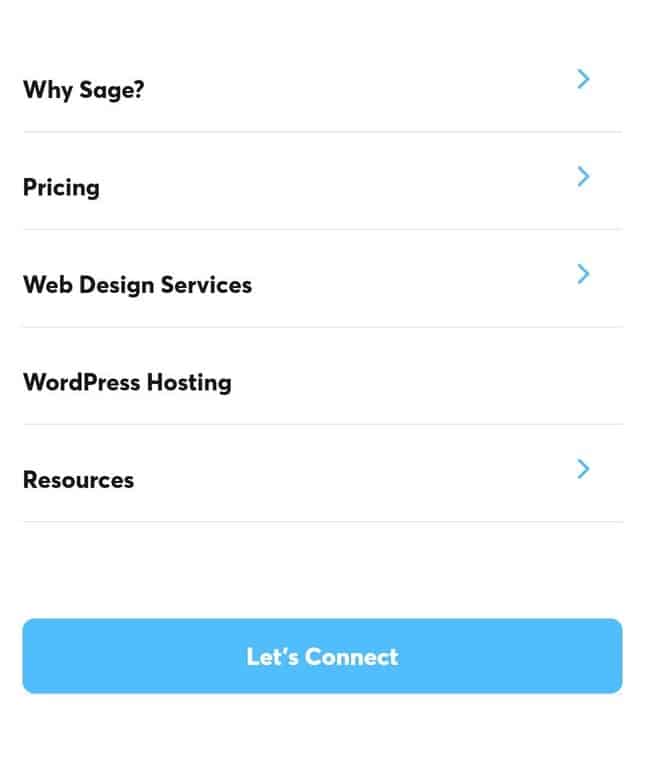 Screenshot of navigation menu, example from home page menu sage digital agency.
