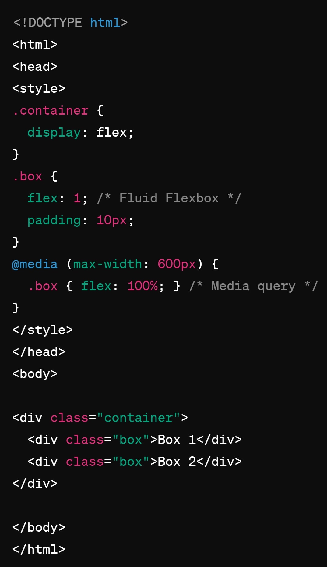 Screenshot of code showing an example of flexbox media queries and fluid rules.