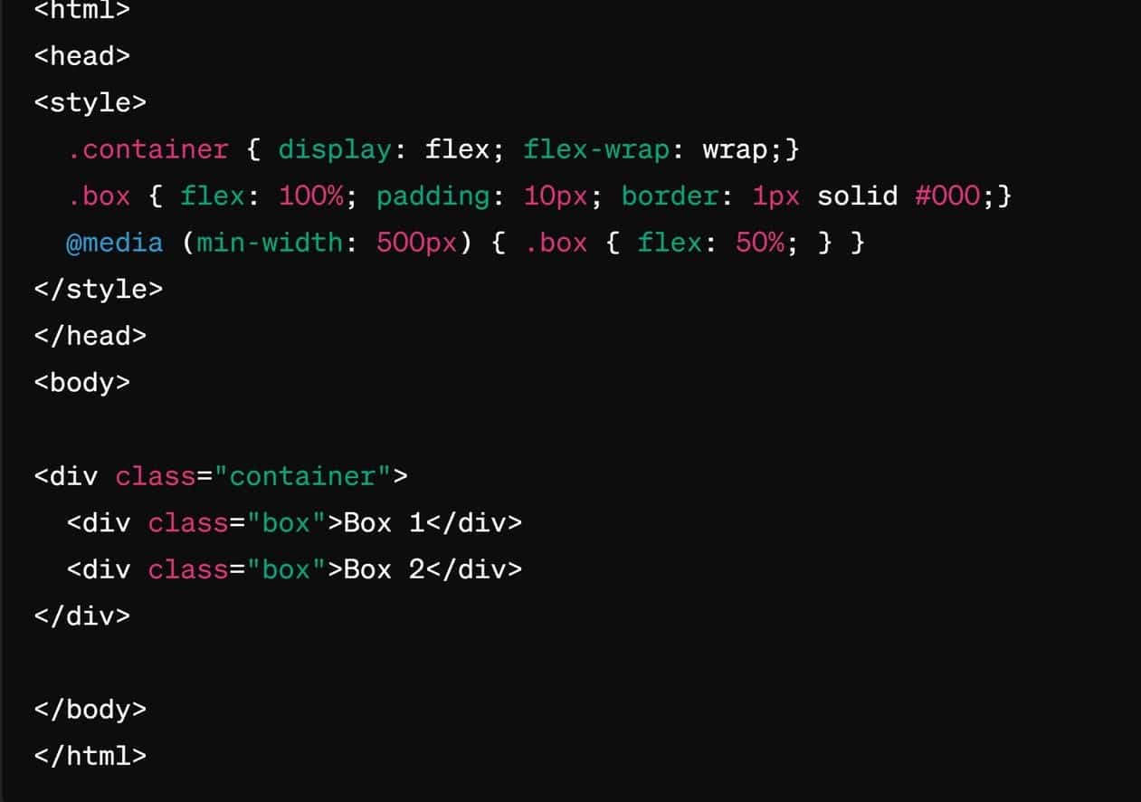 Screenshot example introduces a .container that uses Flexbox to arrange .box elements. The flex property changes based on the viewport width due to the media query, showcasing a responsive design that adjusts from a single-column layout on smaller screens to a two-column layout on wider screens.