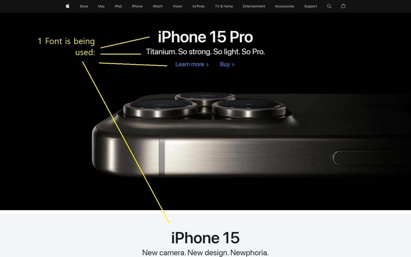 Screenshot from Apple's website showing the use of only 1 font.