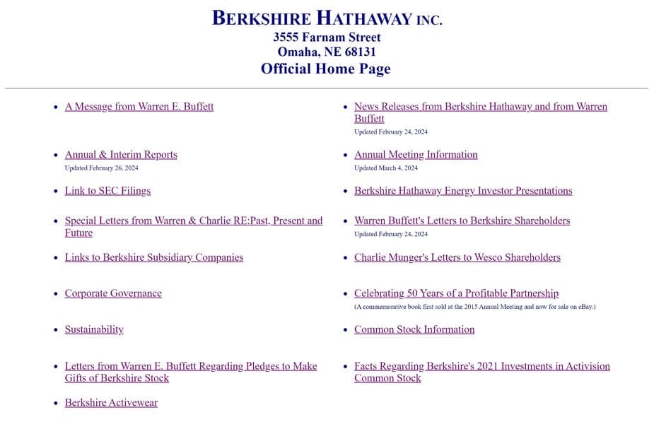Screenshot of Berkshire Hathaway's home page, showcasing simplicity in modern web design.