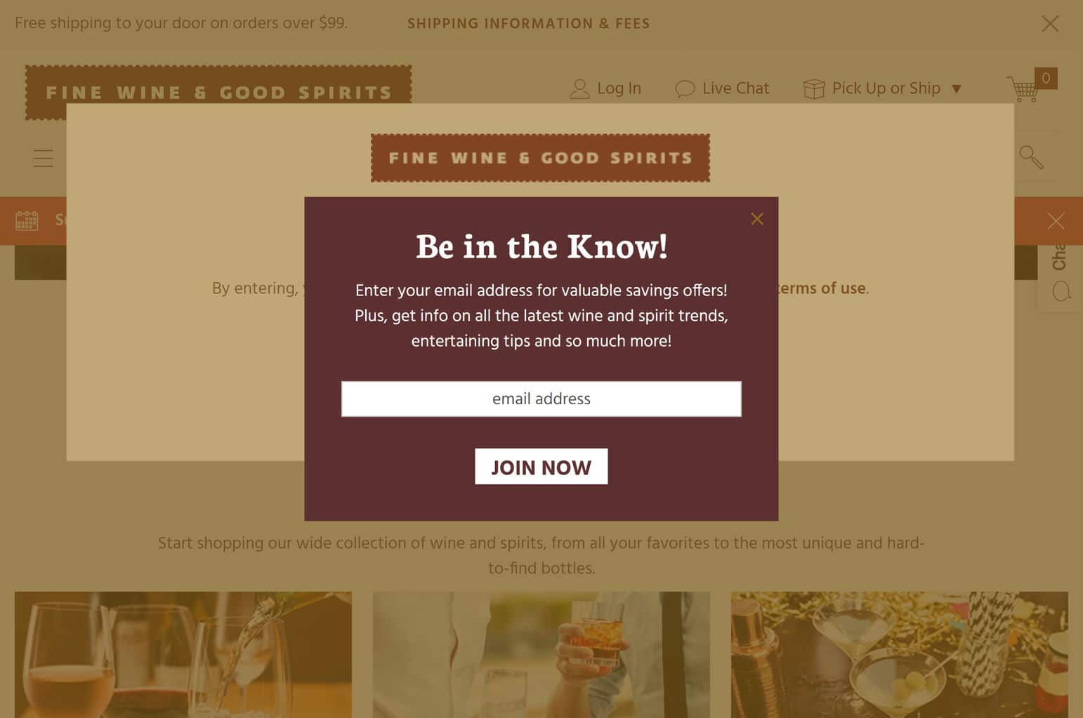Screenshot example of a modal in web design used on the Fine Wine and Good Spirits website's home page.