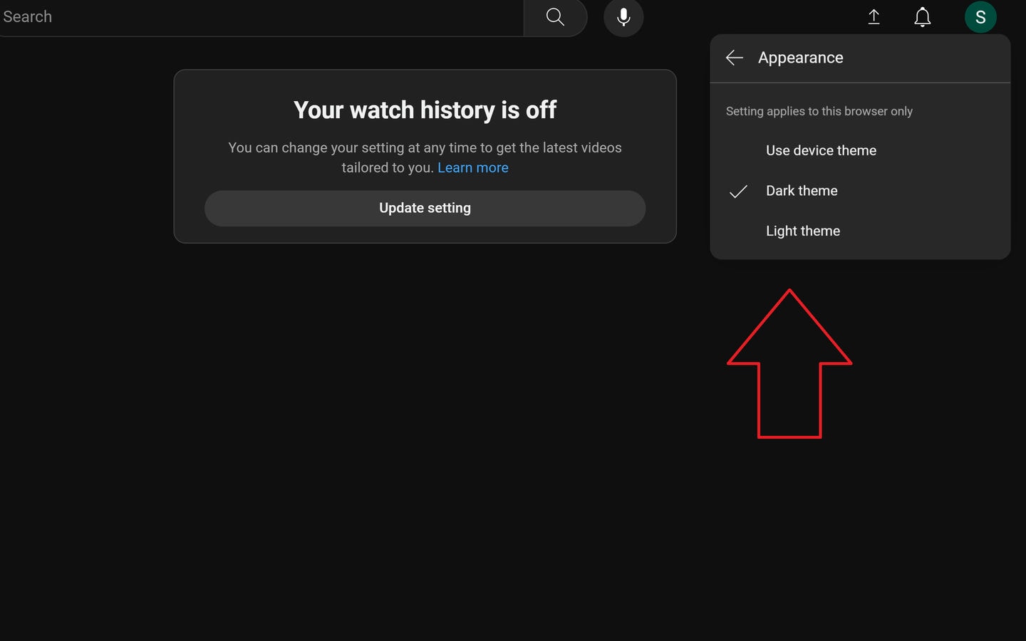 Screenshot showing Youtube's Dark Mode and Light Mode appearance options.