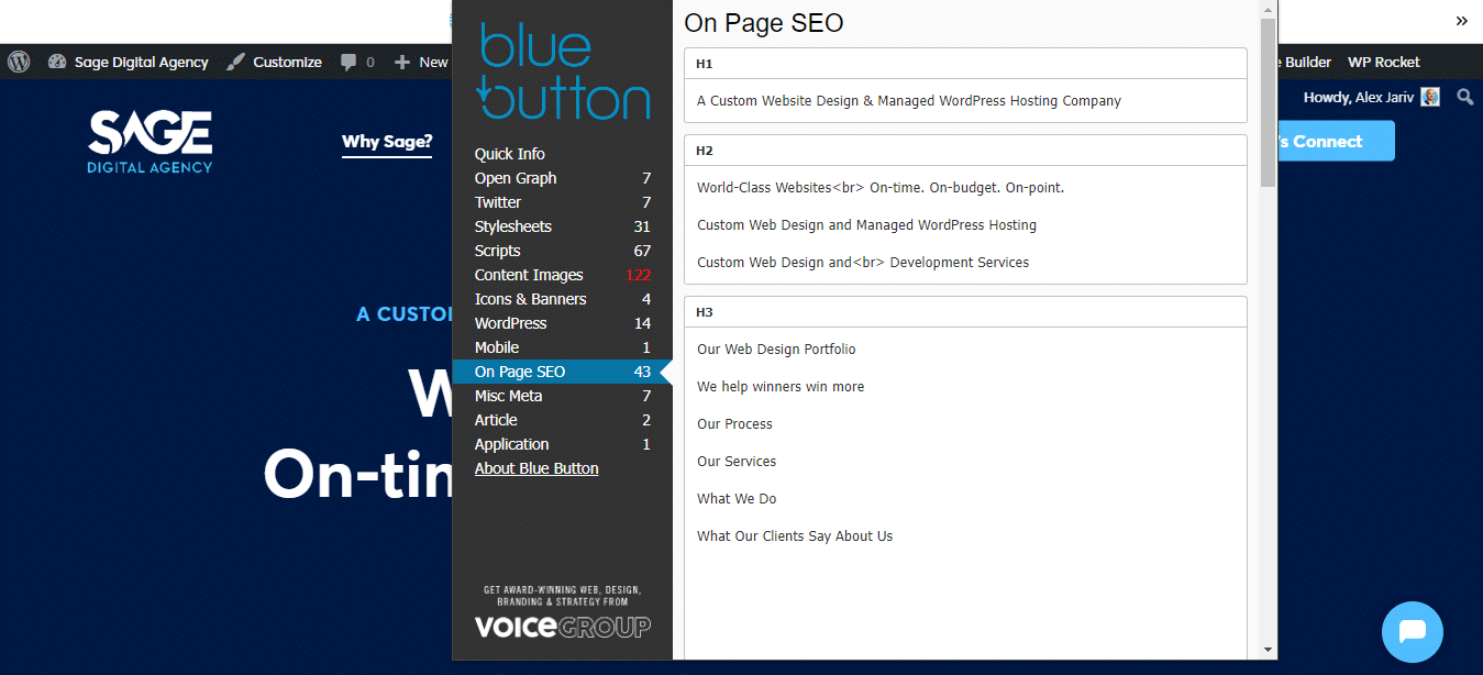 Image of Blue Button on a website home page showing an example of how the Blue Button SEO tool works.