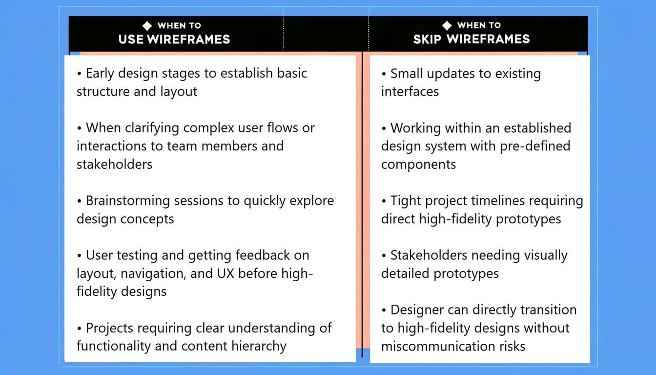 This is an infographic that explores when to use and skip wireframes. When to Use Wireframes Early design stages: Establish basic structure and layout Clarify complex user flows or interactions to team members and stakeholders Brainstorming sessions: Quickly explore design concepts User testing: Get feedback on layout, navigation, and UX before high-fidelity designs Projects requiring clear understanding of functionality and content hierarchy When to Skip Wireframes Small updates to existing interfaces with well-defined structure Working within an established design system with pre-defined components Extremely tight project timelines requiring direct high-fidelity prototypes Stakeholders needing visually detailed prototypes for meaningful feedback Designer has a clear vision and can directly transition to high-fidelity designs without miscommunication risks