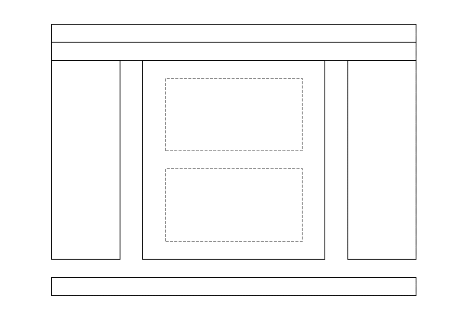 This is a wireframe example that includes basic shapes for different sections of content, a grid system for alignment, and placeholders indicating where images or media will be placed.