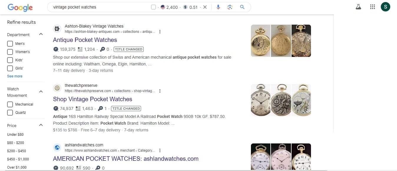 A Google search for the term vintage pocket watches